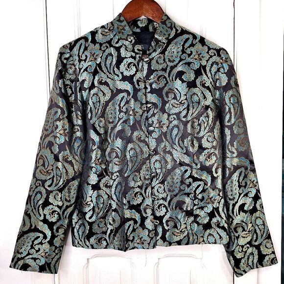 Dressbarn Teal Gold Jacquard Cheongsam Jacket Mandarin Collar Sz M - Picture 1 of 9
